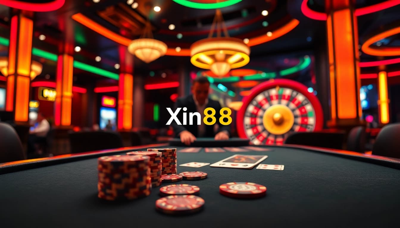 Experience the excitement of Xin88 with poker chips and a roulette wheel in a luxurious casino setting.
