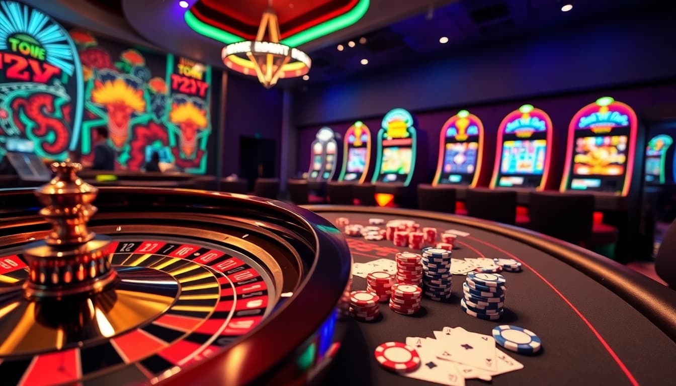 Exciting casino scene showcasing the bdtk1 app experience with roulette, poker tables, and neon slot machines.