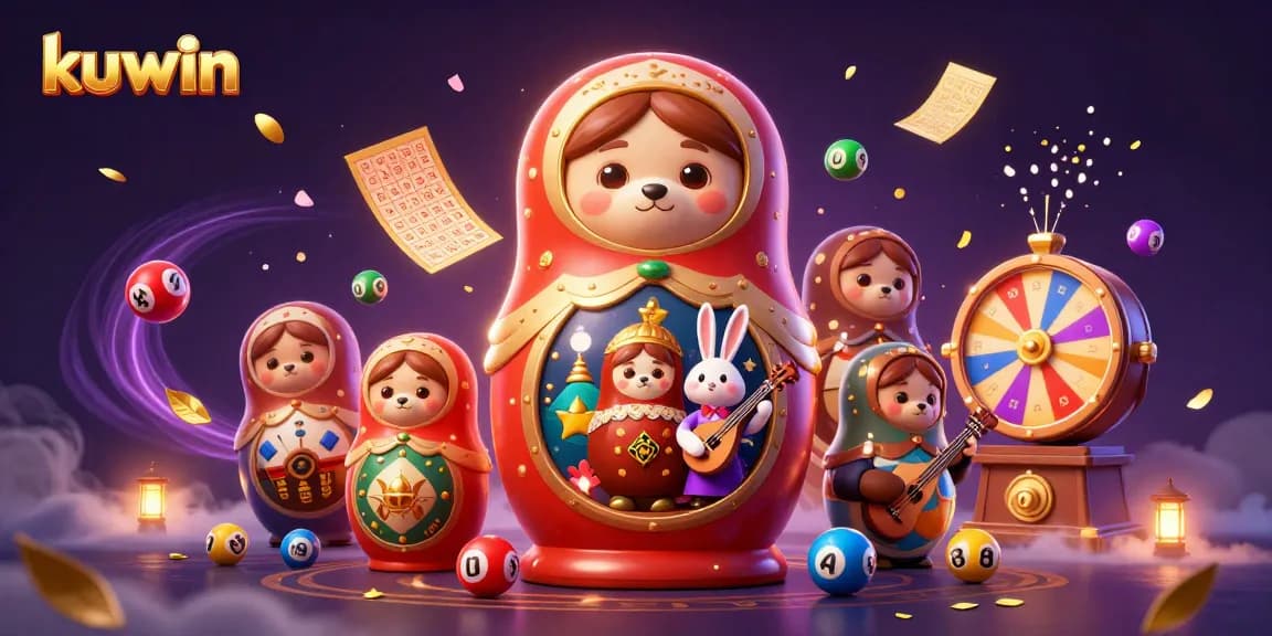 Kuwin captures the excitement of casino gaming with animated characters, lottery balls, and festive elements.