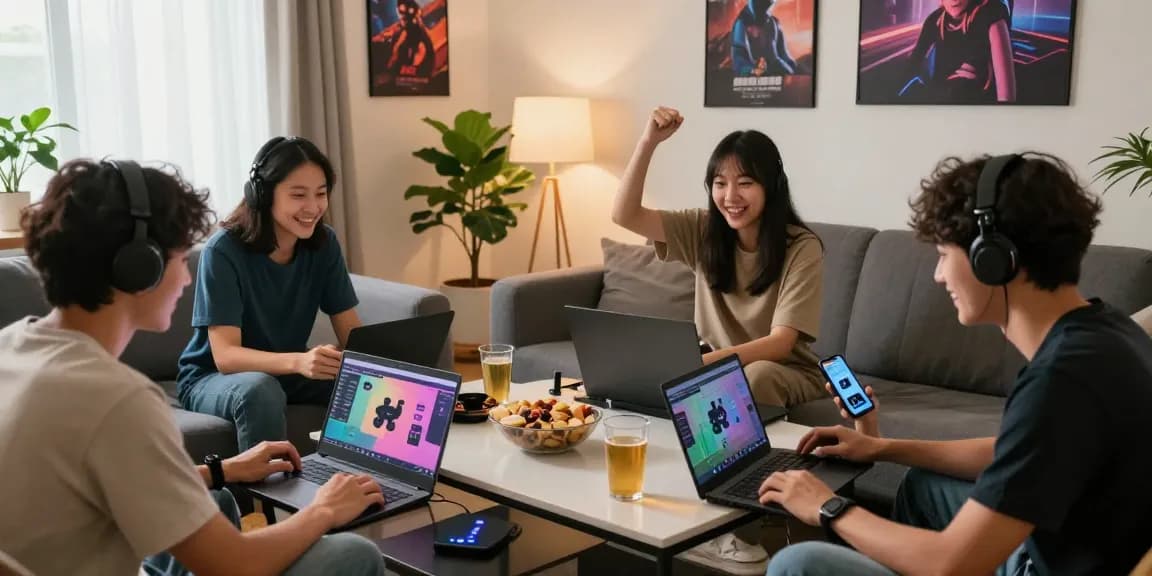 Exciting gaming atmosphere at mahajitu with friends celebrating wins.