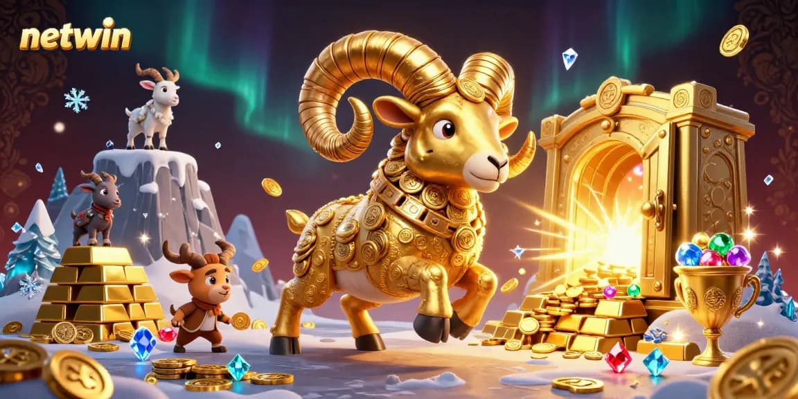 Swing into fortune with netwin's vibrant golden ram, surrounded by treasures and gaming excitement.
