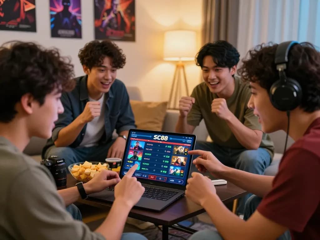 Friends engaging with the SC88 trang chủ app in a lively home setting, showcasing excitement and gaming culture.