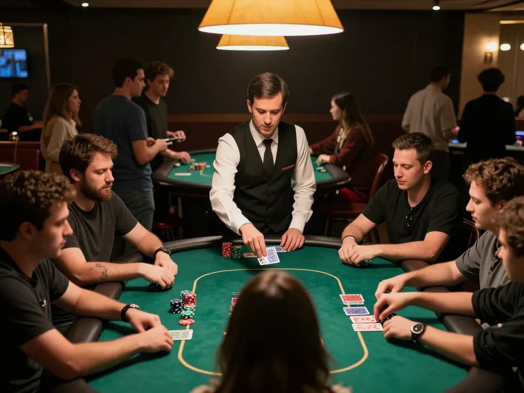 Players engaging in a thrilling poker game at nhà cái fun79, showcasing strategic gameplay and teamwork.