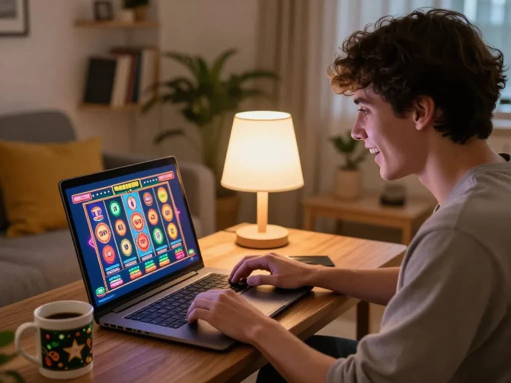 Player engaging with barbanoglass slot machines on laptop in cozy living room, showcasing online gaming excitement.