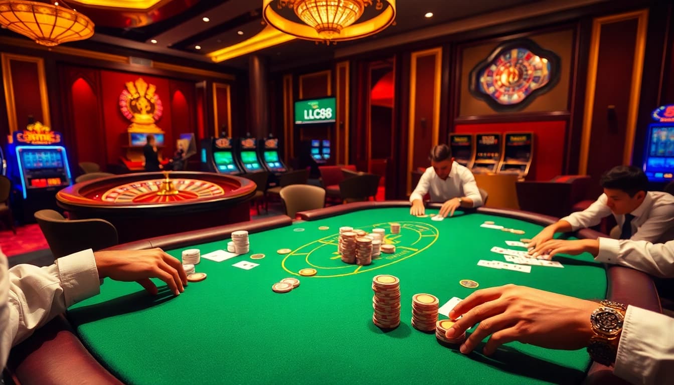 High-stakes poker table scene at lc88 casino featuring players and vibrant casino elements.