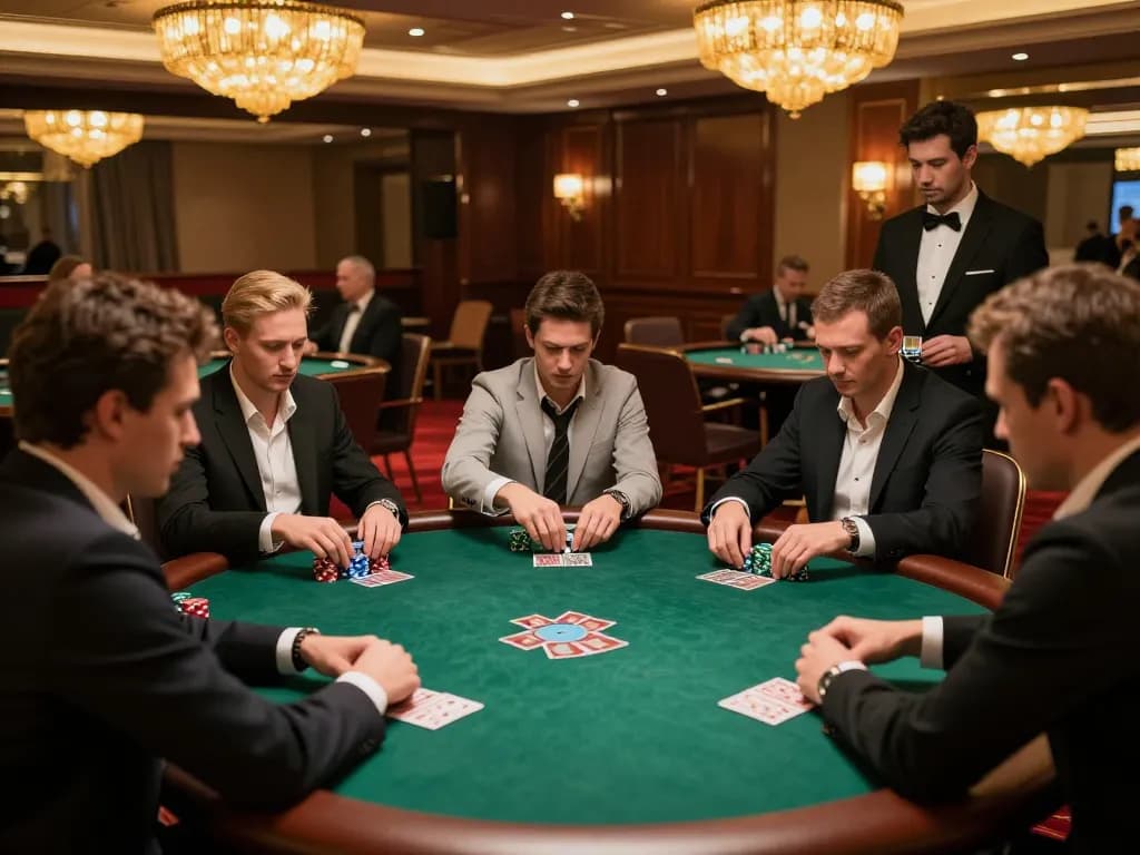 VT88 players showcase strategy and excitement at an upscale poker table during a high-stakes game.