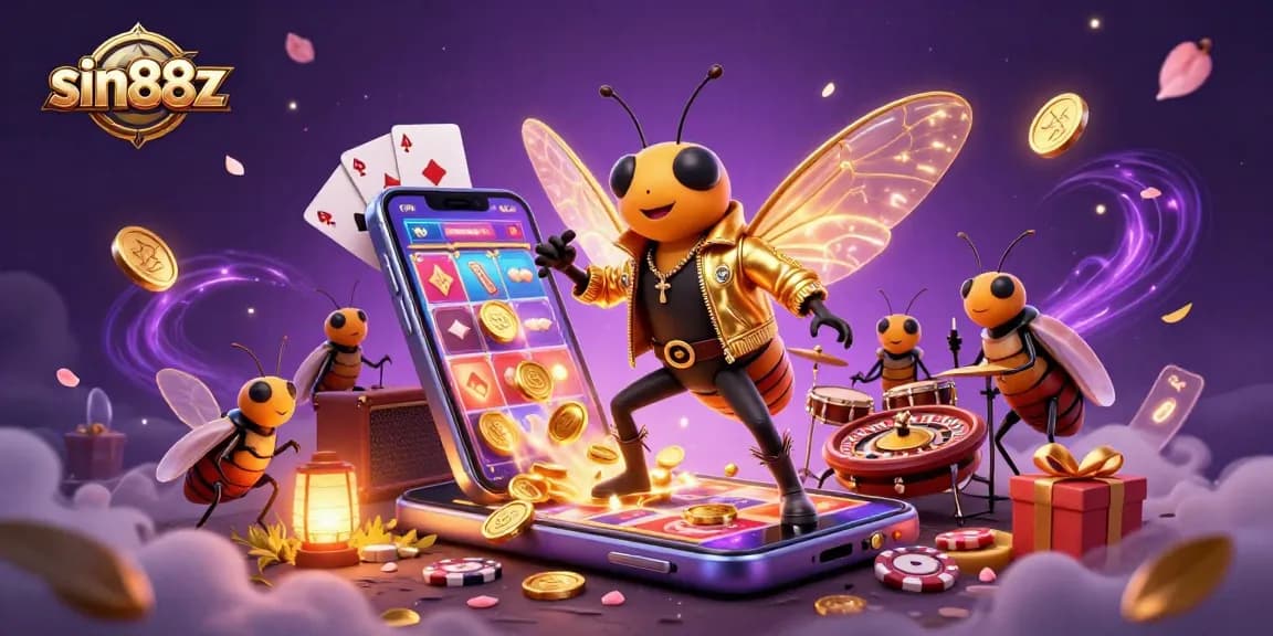 Experience the excitement of sin88z with a vibrant illustration showcasing a rock star cicada and dazzling slot elements.
