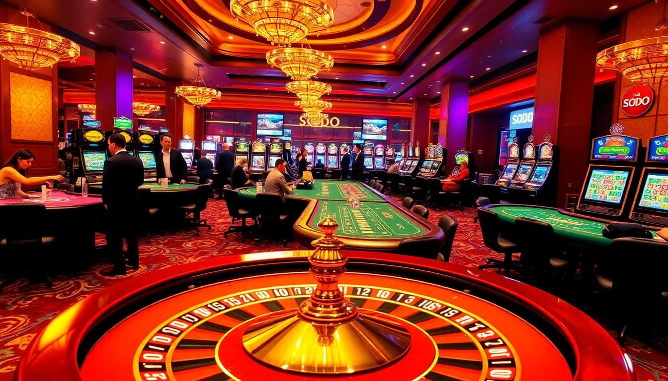 SODO CASINO patrons engaged in intense gambling action surrounded by luxurious game tables.