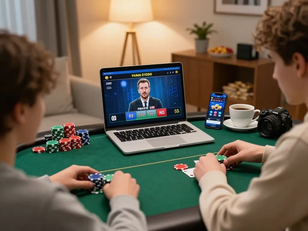Nohu90 player engaging intensely in online poker game with colorful chips and snacks.