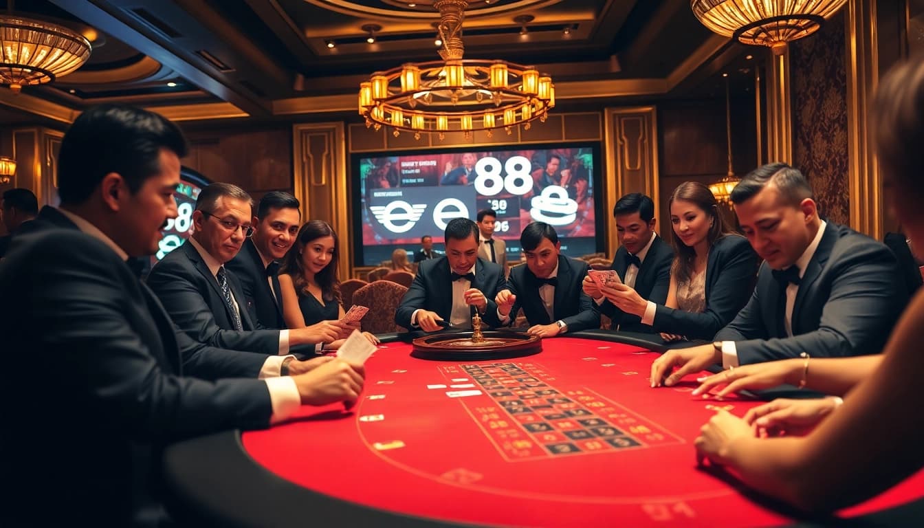 Experience the thrill of ee88 at a luxurious poker table surrounded by focused players and stunning casino decor.