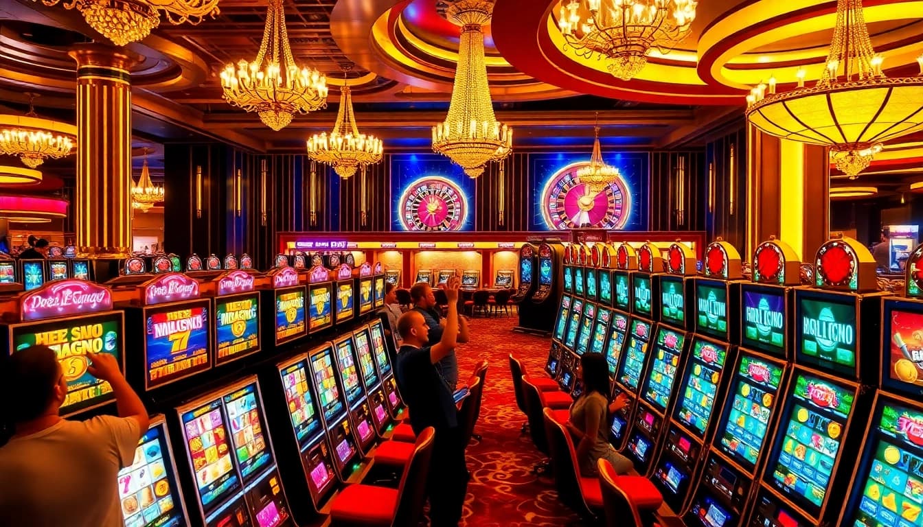 A vivid slot777 gaming scene showcasing excited players at luxurious slot machines in a vibrant casino environment.