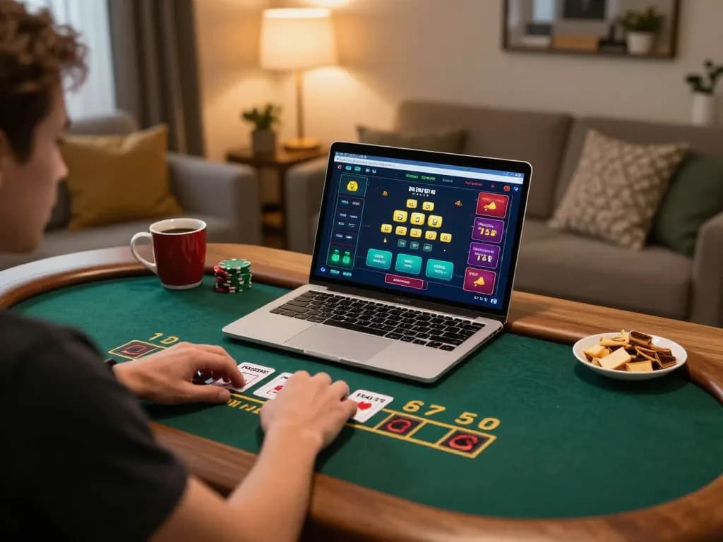 Engaging in a live dealer blackjack game on viral88 from a cozy home setup, showcasing the excitement of online gambling.