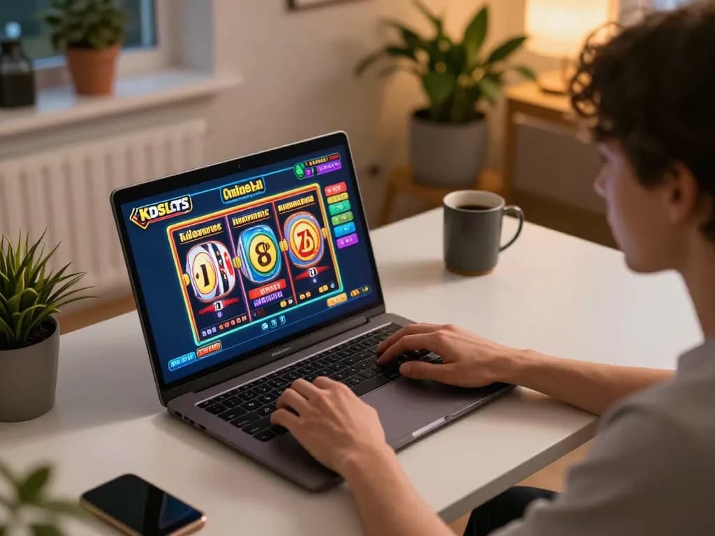 KDslots player enjoying vibrant online casino experience on laptop with animated slot reels