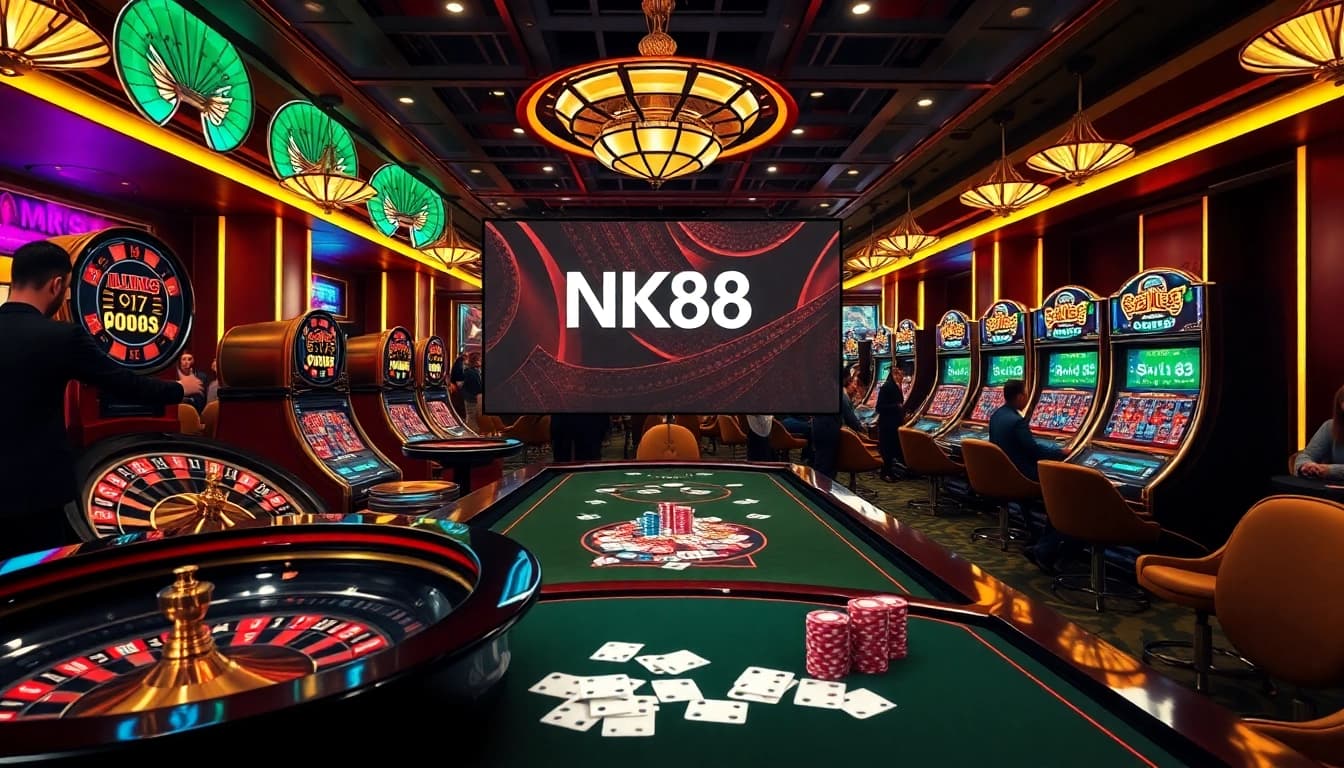 NK88 offers an engaging online casino experience with a dynamic gaming atmosphere featuring roulette and poker elements.