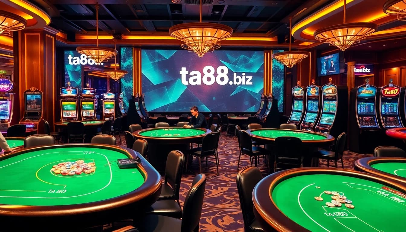 Experience thrilling online gaming at ta88.biz with vibrant poker chips and elegant casino tables.