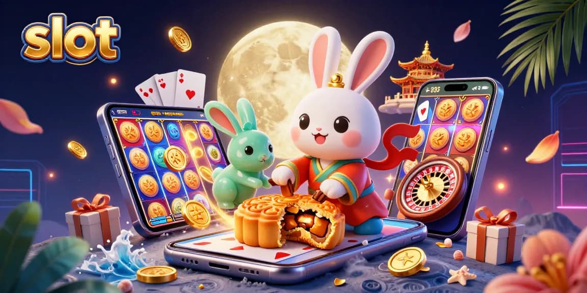 Engage in thrilling slot action as a moon rabbit reveals poker chips from golden mooncakes.