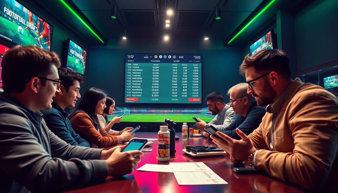 Kèo nhà cái scene with bettors engaging in live betting at a vibrant sports lounge.