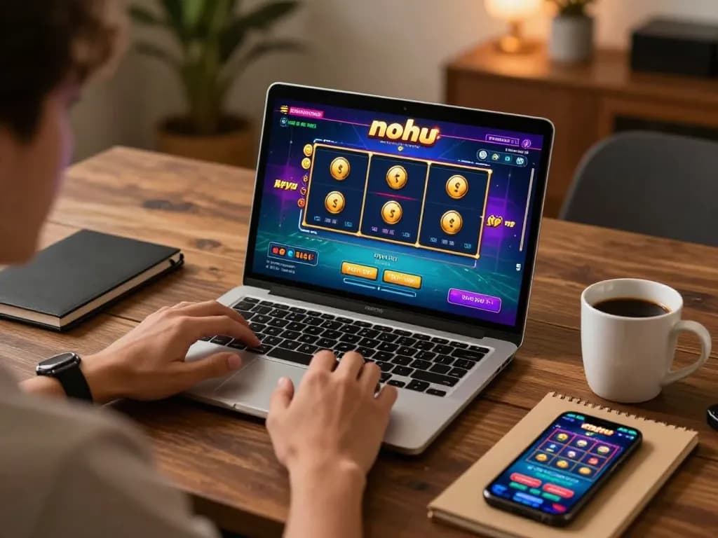 Nohu players engaging in dynamic online gameplay with vibrant graphics on a sleek laptop and cozy home setup.