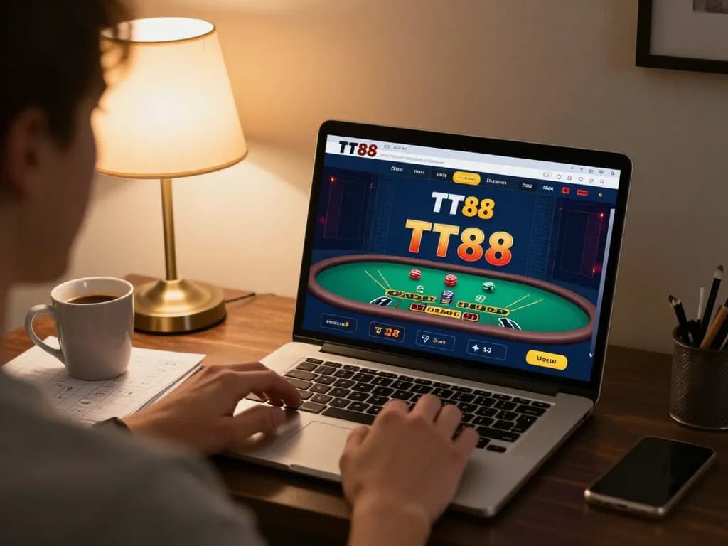 Engaged player using TT88 for live dealer blackjack in a cozy home environment.