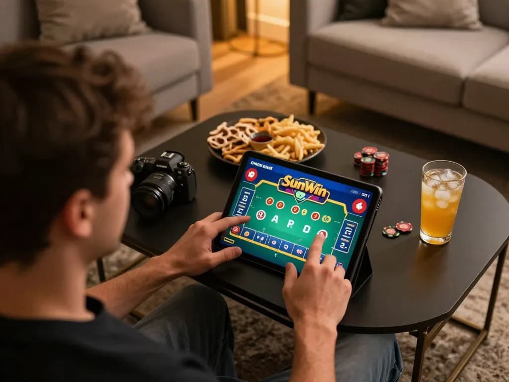 Player engaging with Sunwin poker game on tablet surrounded by snacks and drinks in cozy living room.