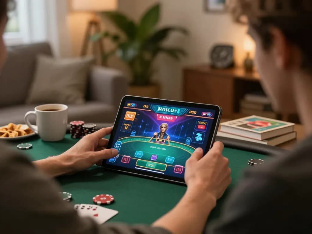 Engaging poker gameplay on tablet showcasing 11win gaming experience in a cozy home