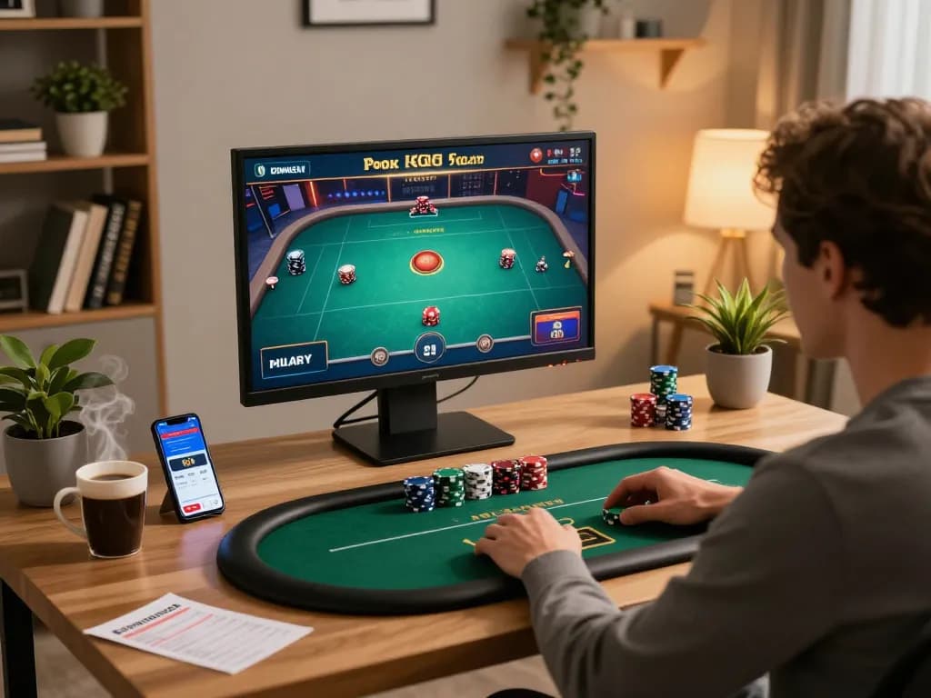 Player engaged in online poker at home using qh88eu, showcasing responsible gambling with notes and betting strategy.