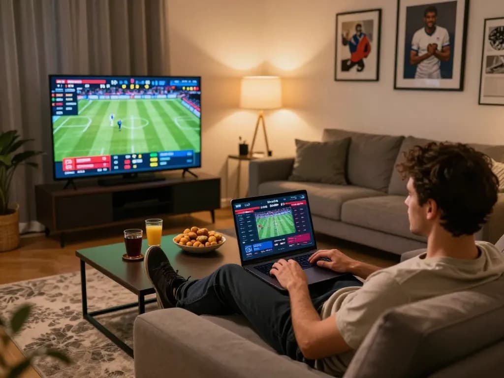 Socolive user engaging with online football betting, enjoying a cozy home setup