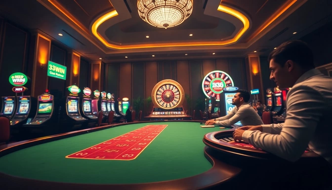 Experience the excitement at 33win with players at a stylish poker table in a vibrant casino setting.