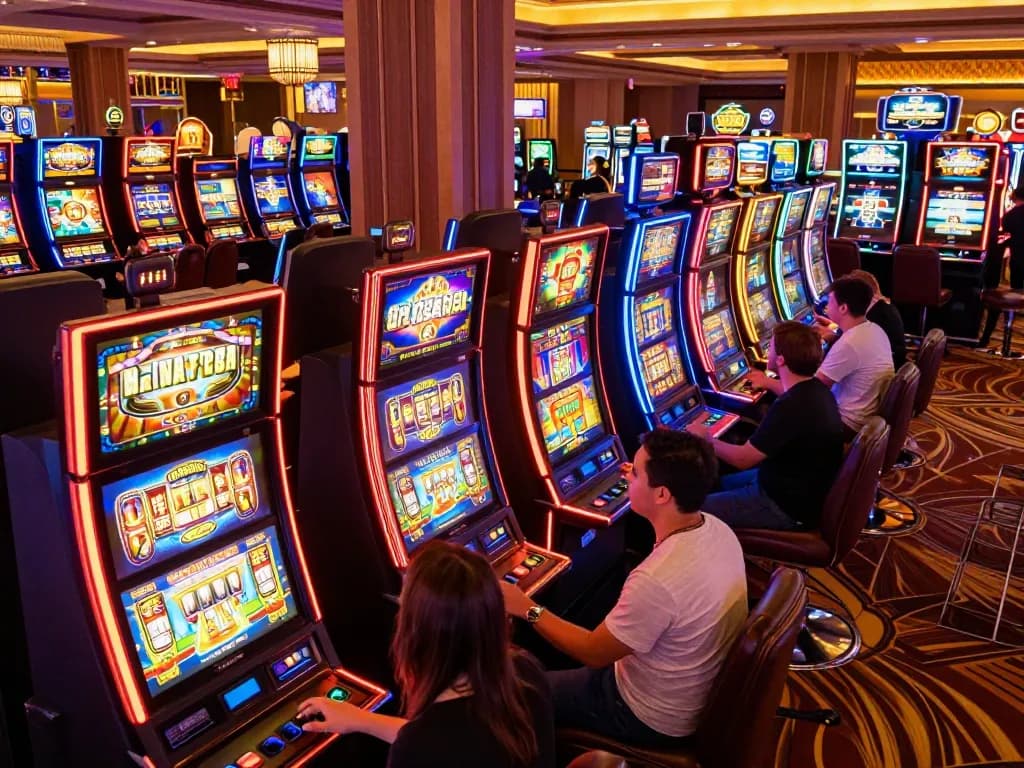Players enjoying vibrant slot machines at Dash88 casino, celebrating wins in a lively atmosphere.