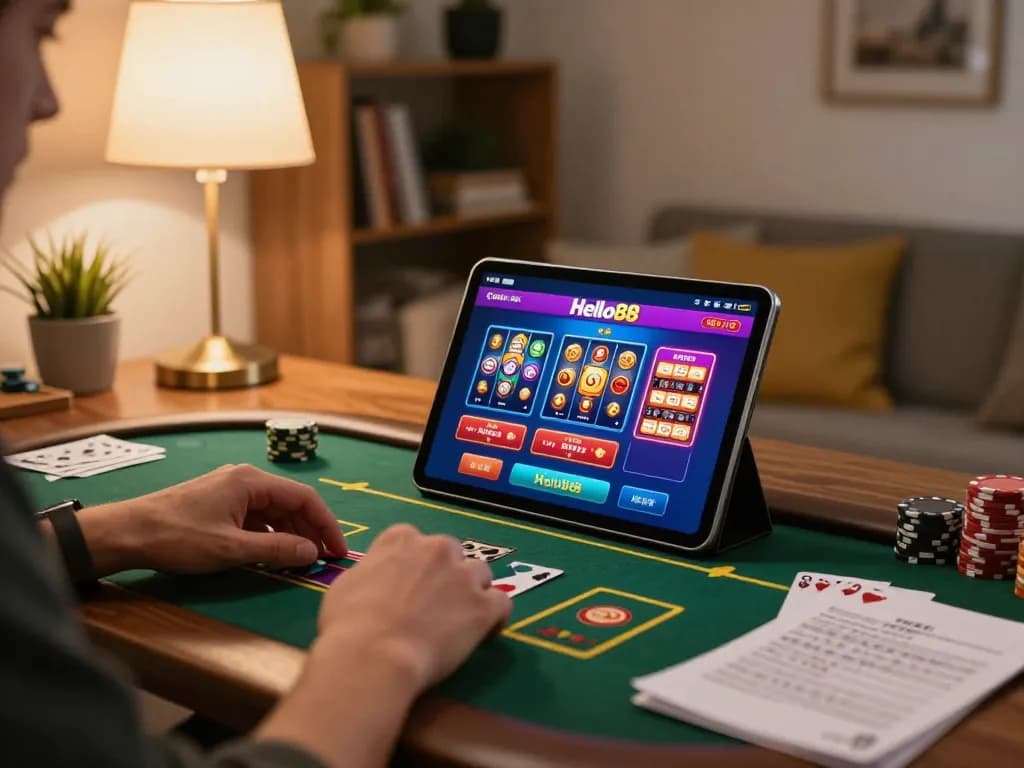 Hello88 app in action as a person enjoys online casino gaming at home, emphasizing strategic gameplay.
