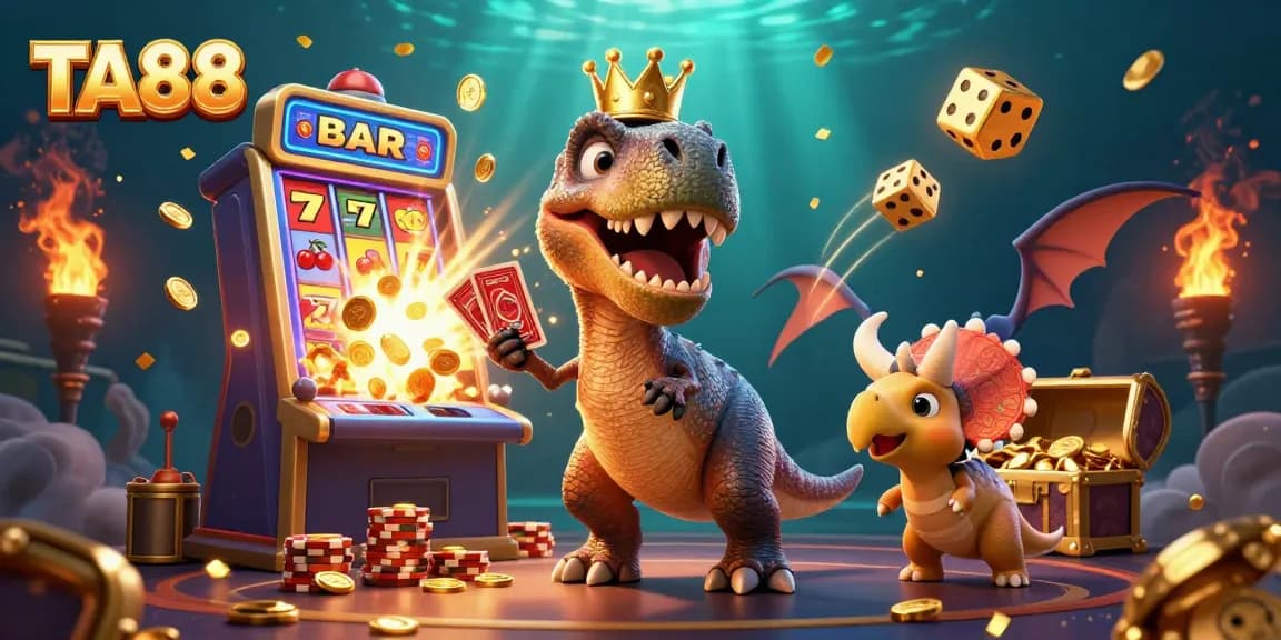 TA88 casino scene with a T-Rex and friends hustling cards and chips amidst vibrant slot machines and gold coins.