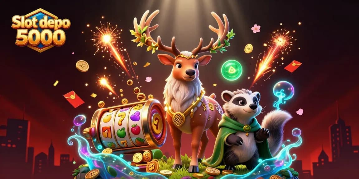 Engage with Slot depo 5000 as colorful slot reels spin alongside enchanting characters in a magical casino scene.