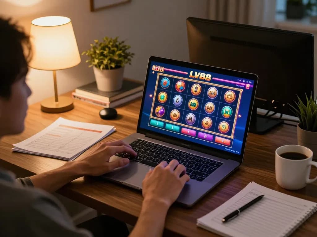 Engaging in online gaming at LV88 with a stylish laptop and strategy notes.