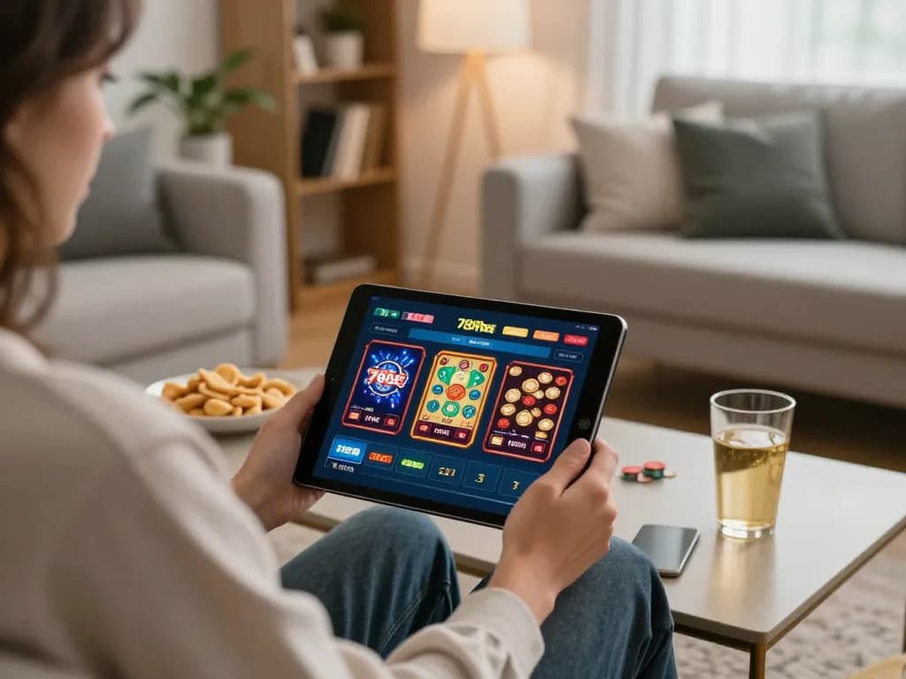 Person using the 789bet app on a tablet in a cozy home setting, emphasizing online gambling.
