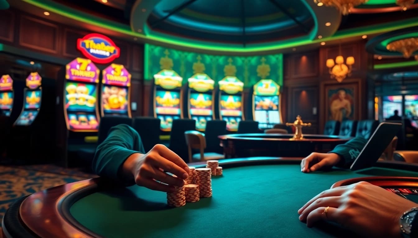 Players enjoying a thrill at Thabet casino, engaging in poker and celebrating wins at vibrant slot machines.
