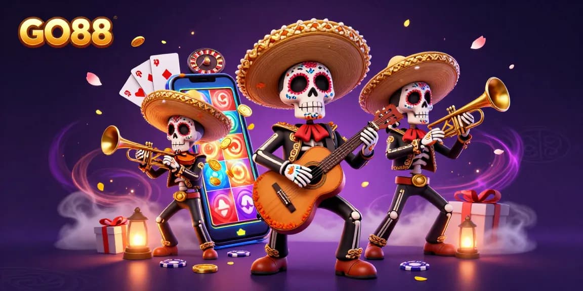 Experience exciting gaming moments at GO88 with vibrant 3D illustrations featuring slot games and animated characters.
