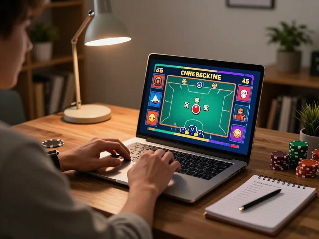 Player engaging in a dynamic poker game online at XX88, vibrant screen graphics visible in home office setting.
