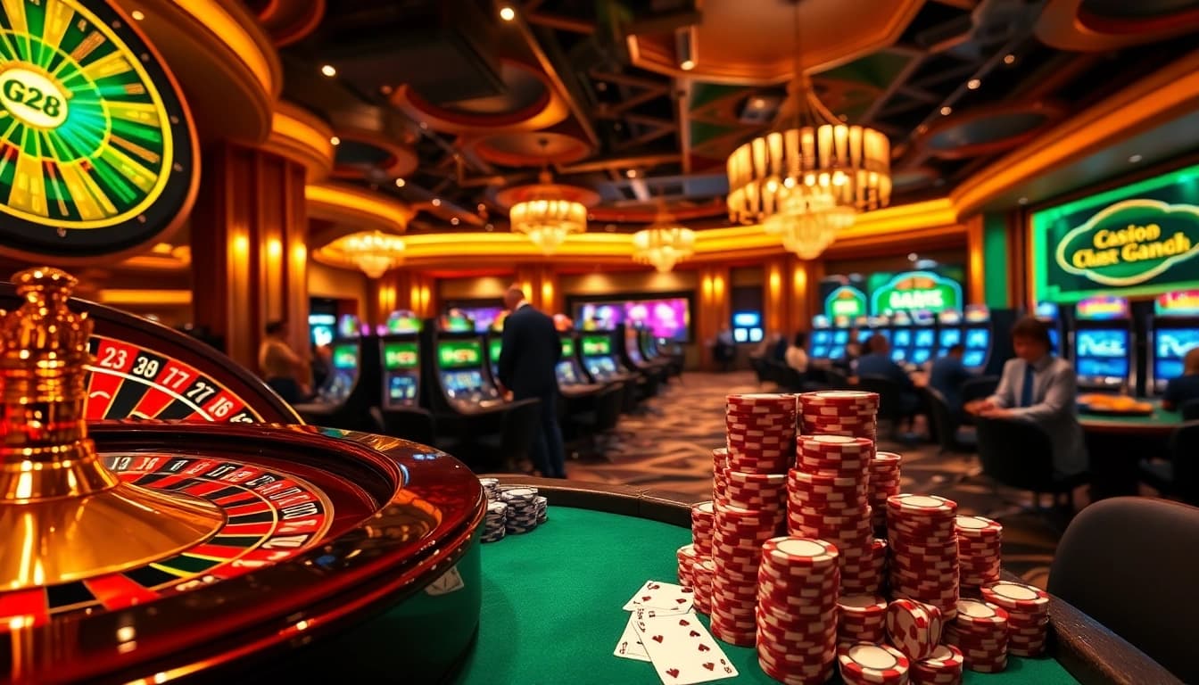 Experience the thrill of G28 online gaming with vibrant casino tables, roulette wheels, and colorful poker chips.