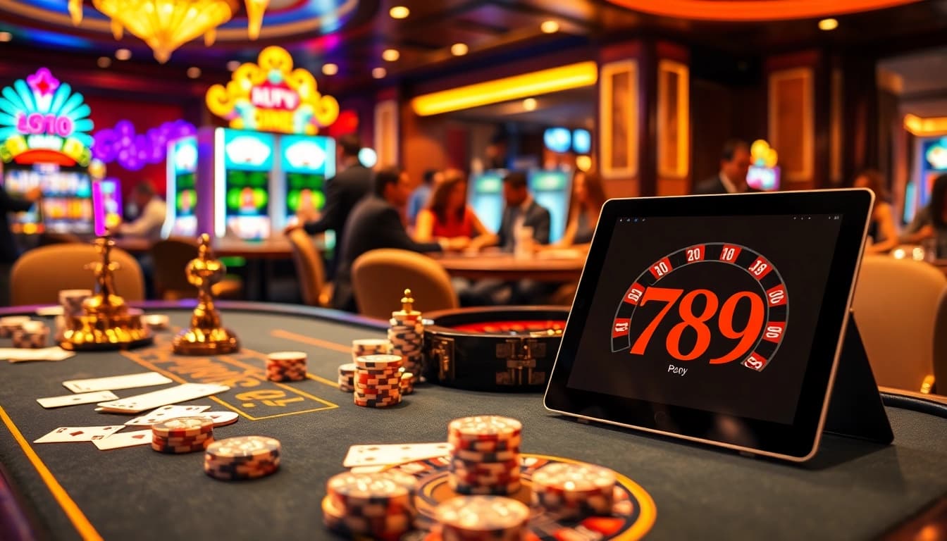 Experience the thrill of gambling at Bay 789 with vibrant tables, chips, and a roulette wheel.