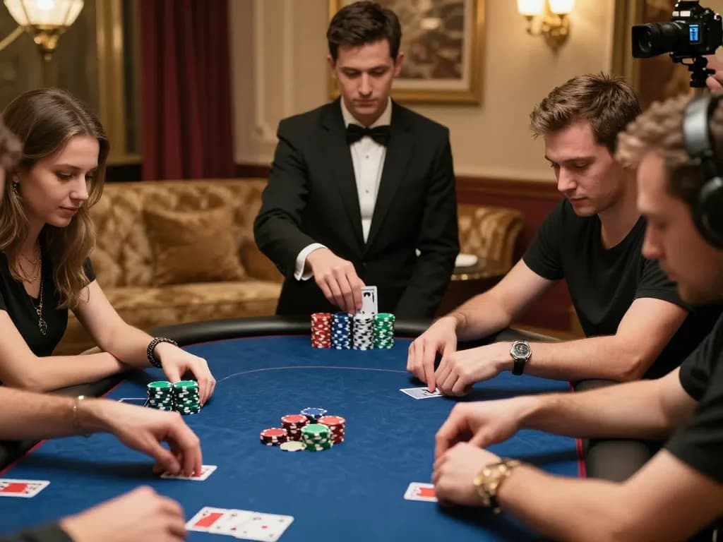 Pemain poker Kiu77 yang mendalami strategi di malam permainan rumah yang mewah, menunjukkan semangat kompetitif.