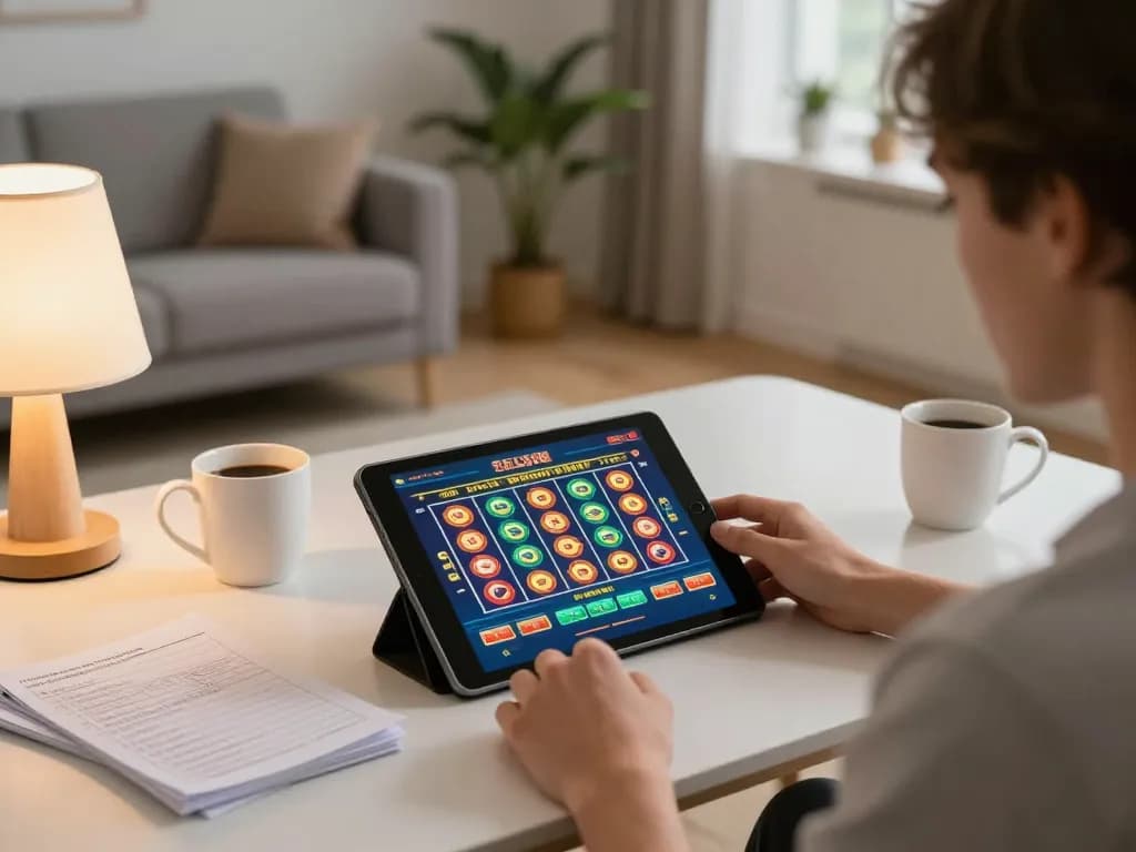 Go88 player enjoying online casino slots on a tablet in a cozy home environment