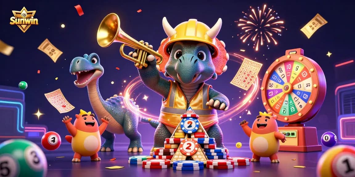 Experience the excitement of Sunwin with a vibrant 3D casino scene celebrating wins and games.