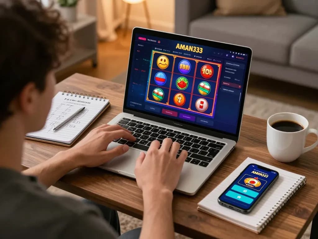 Pemain yang berinteraksi dengan platform perjudian online AMAN333 di laptop, menunjukkan lingkungan permainan rumah yang nyaman.