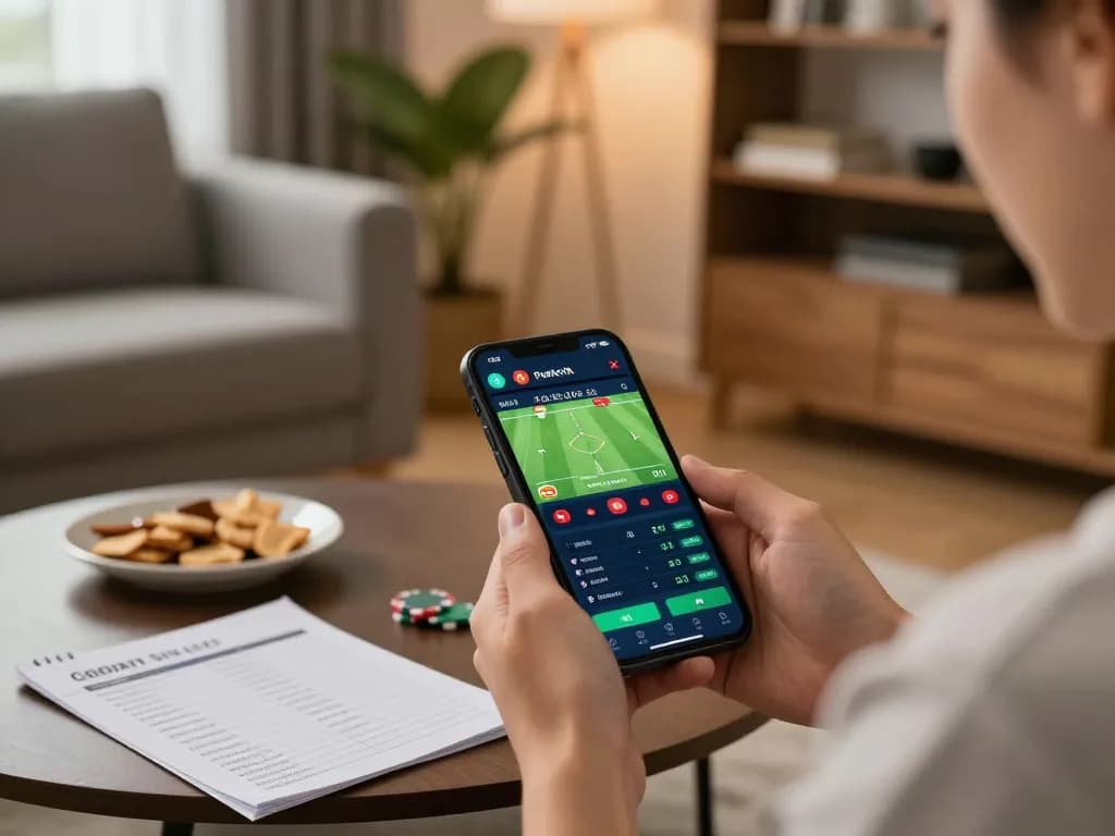Bsport user placing strategic bets on a mobile app in a cozy living room setting