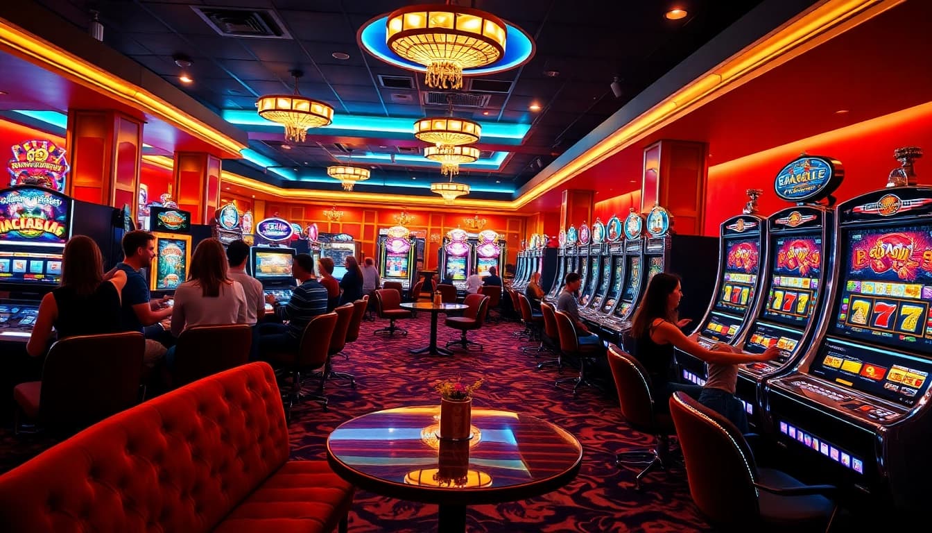 Excited gamblers enjoying luxury slot online machines at a vibrant casino.