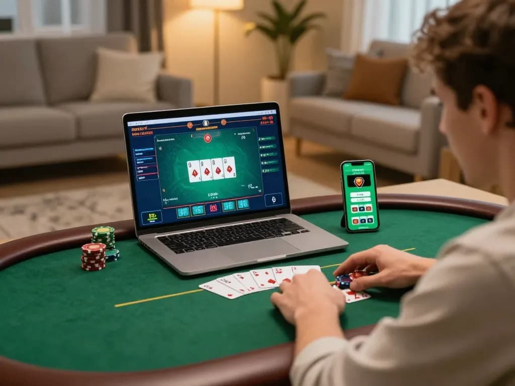 pemain thebigbearbutt merancang strategi permainan poker online di rumah dengan tablet dan smartphone