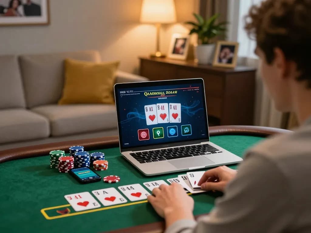 ONE88 player engaging in thrilling live dealer blackjack at home, focused on the screen.