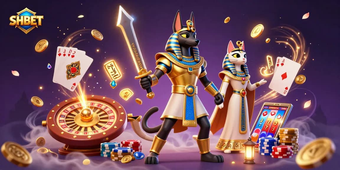 Engage with SHBET in this ultra-detailed 3D scene showcasing vibrant casino elements and ancient Egyptian characters.