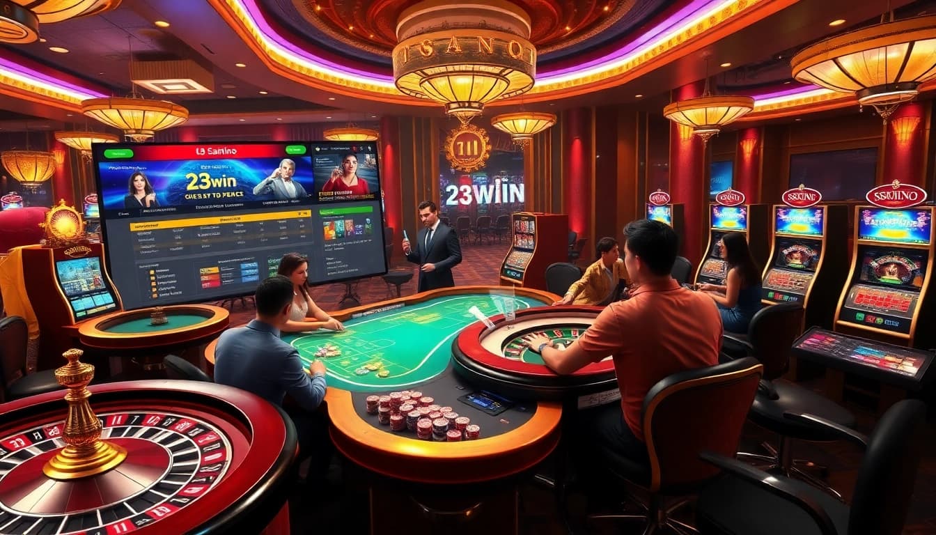 Engaging scene depicting 23win's online casino experience with vibrant games and professional gambling elements.