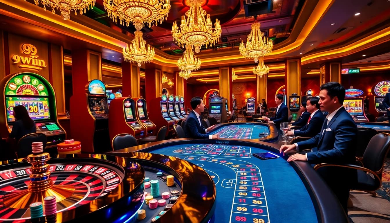 Players enjoying the thrill of 99WIN at a vibrant online casino table with colorful chips.